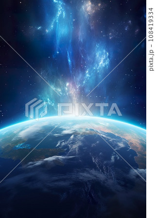 sunrise or sunset over planet Earth, clouds and atmosphere in rays of Sun, open space and stratosphere 108419334