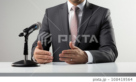 インタビューに応じるスーツ姿の男性 108419564