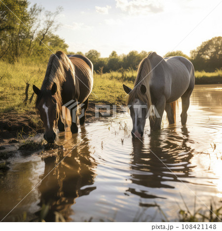 horses drinking water from a river 108421148