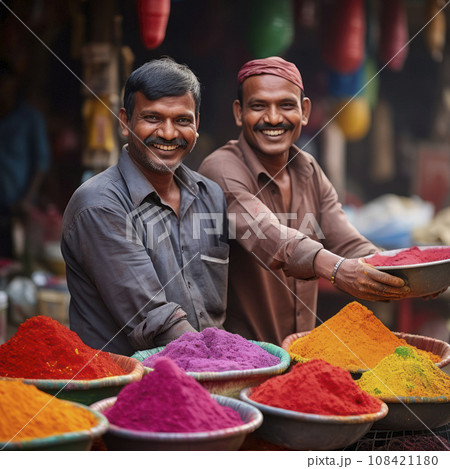 indian holi festival vendors selling powdered paint 108421180
