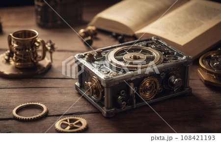 Steampunk background. Mechanisms, gears, light bulbs and clocks 108421193