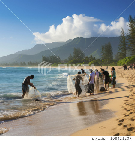 lifestyle Hukilau hawaii line of people hauling fish net from sea 108421207