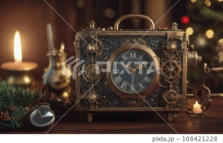 New Year in steampunk style. Mechanisms, gears and Christmas decorations 108421228