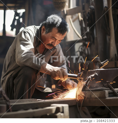 mindstormphoto olifestyle photo uzbekistan blacksmith hammering with sparks flying 108421333