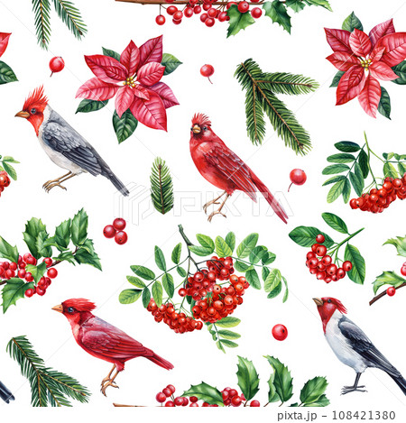 Seamless classic pattern. Red cardinal, Holly, flower. Christmas background with bird and flora, watercolor illustration Seamless classic pattern. Red cardinal, Holly, flower. Christmas background with bird and flora, watercolor illustration 108421380