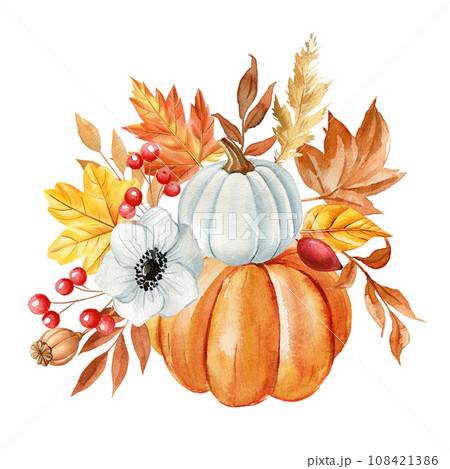 Autumn harvest. Leaf, flower and pumpkin on white background. Watercolor illustration for Halloween, Thanksgiving 108421386
