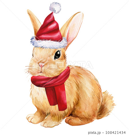 Cute bunny in red Santa hat and scarf on isolated white background, holiday watercolor illustration. Funny animal 108421434