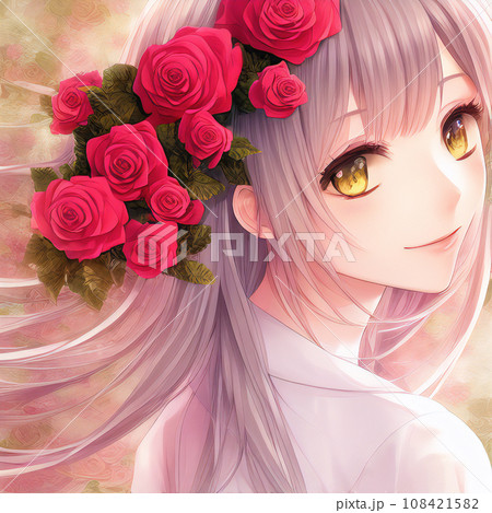 薔薇シリーズ（Ⅱ）綺麗なバラと女の子【AI生成画像】のイラスト素材
