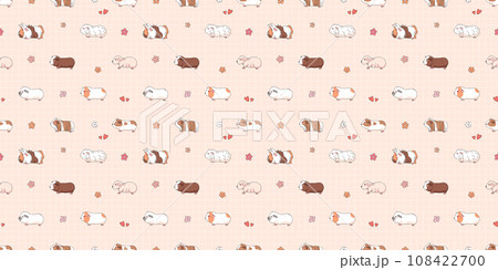 Adorable Guinea Pigs Seamless Pattern. Cute Child Design, Domestic Pet Shop Animals Wallpaper, Playful Hamster Guinea Pig with Flowers and Hearts Background Illustration. 108422700