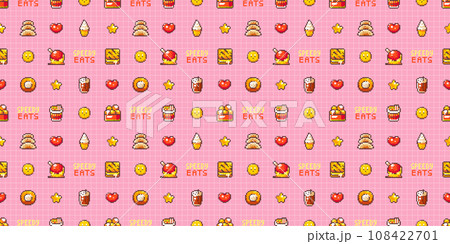 Retro Fast Food Seamless Pattern. Ice Cream, Donuts and Gyoza. 8bit Girlish Pink Pattern for Arcade Game Styled Cafes and Vintage Fabric Designs. Pixelated Tasty Snack Background. 108422701