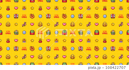 Chinese New Year Seamless Pattern in Pixel Art Retro 8bit Style. Cartoon Festive Ornament For Lunar Chinese New Year Decoration. Yellow Grid Asian Vector Game Arcade Motif. Dragon Mask, Red Envelope. 108422707