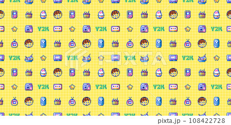 Pixel Art Dessert Design: Retro 80s and 90s Cartoon Sweets, Cookies and Cherries. Seamless Y2K Background 108422728
