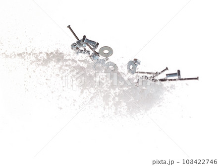 Nail spike Nut bolts sharp object under snow on road. Dangerous sharpen nail glass object hidden in snow. Snow fall with risk accident hazard cover trash garbage debris. White background isolated Nail spike Nut bolts sharp object under snow on road. Dangerous sharpen nail glass object hidden in snow. Snow fall with risk accident hazard cover trash garbage debris. White background isolated 108422746