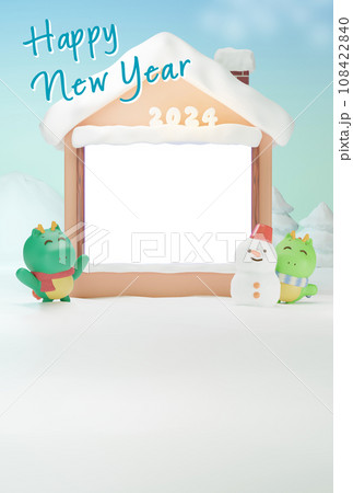 辰と雪だるまのあたたかい家庭の写真年賀状テンプレート 108422840