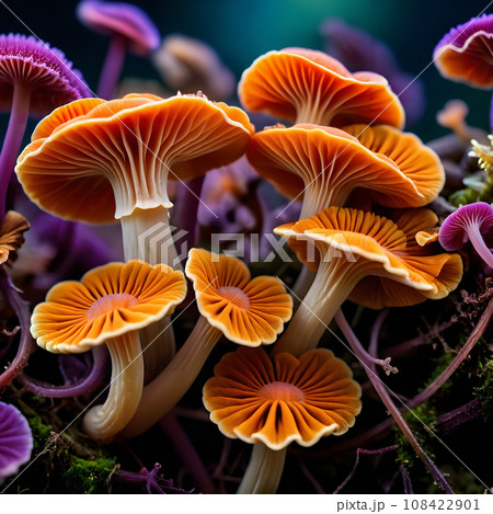 A group of orange and purple mushrooms. A group of orange and purple mushrooms. 108422901
