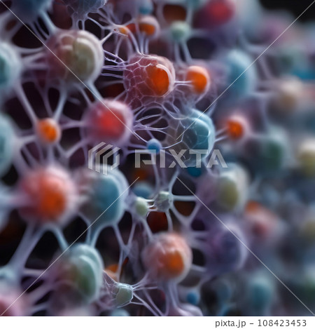 A close up digital illustration of colorful cell-like spheres. 108423453