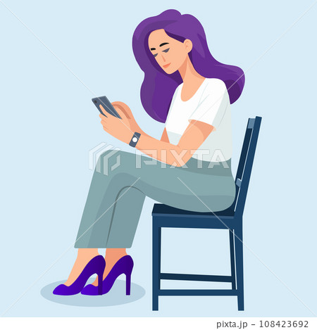 Young women sitting on a chair while busy with her phone online shopping. Vector illustration eps10 108423692