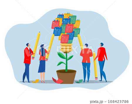 Brainstorming concept ,Team work business people brainstorm with sticky notes combined to bright lightbulb new idea for discussion, meeting , training course class workshop discover solutionflat vecto 108423786