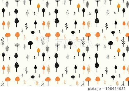 Black Mushroom and Leaf Pattern on a White Background 108424083
