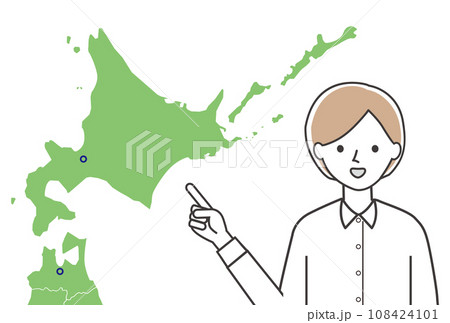 北海道と青森県を指差しする女性 108424101