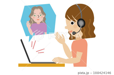 オンラインで外国人の先生と英会話をしているヘッドセットを着用した日本人女性の横顔 108424146