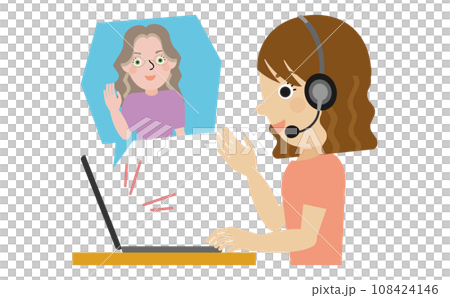 オンラインで外国人の先生と英会話をしているヘッドセットを着用した日本人女性の横顔 108424146