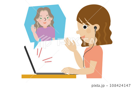 オンラインで外国人の先生と英会話をしている有線イヤホンを着用した日本人女性の横顔 108424147