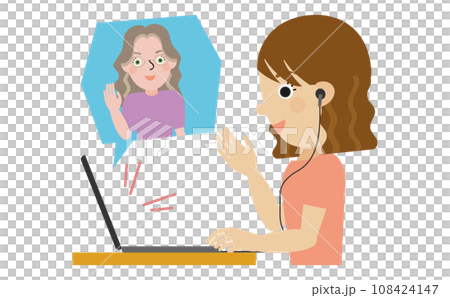 オンラインで外国人の先生と英会話をしている有線イヤホンを着用した日本人女性の横顔 108424147