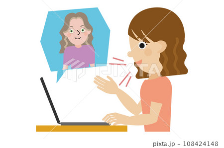 オンラインで外国人の先生に話をしている日本人女性の横顔 108424148