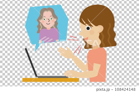 オンラインで外国人の先生に話をしている日本人女性の横顔 108424148