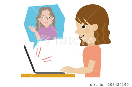 オンラインで外国人の先生の話を聞いている日本人女性の横顔 108424149