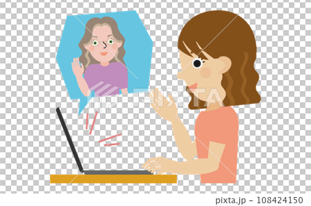 Profile of a Japanese woman greeting a foreign teacher online with one hand raised Profile of a Japanese woman greeting a foreign teacher online with one hand raised 108424150