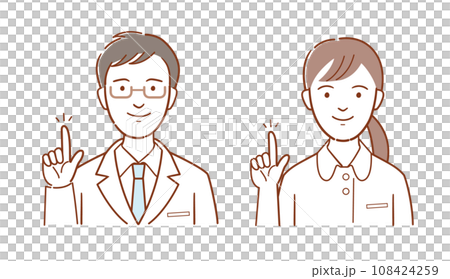 醫生（或藥劑師）和穿著白大褂的護士指著的插圖 108424259