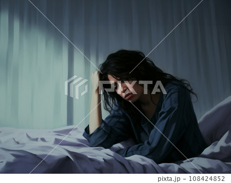 ベッドの上で落ち込む女性 ベッドの上で落ち込む女性 108424852