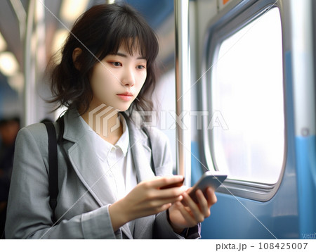 車内でスマホを使う女性 車内でスマホを使う女性 108425007
