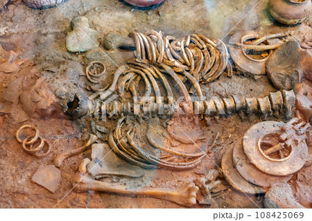 Human skeleton with ancient jewelry or clothing and food containers at the Ban Non civilization site, a temple that is more than 4,000 years old, Non Sung, Nakhon Ratchasima Thailand. Human skeleton with ancient jewelry or clothing and food containers at the Ban Non civilization site, a temple that is more than 4,000 years old, Non Sung, Nakhon Ratchasima Thailand. 108425069
