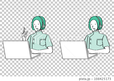Female doctor/nurse wearing an intercom operating a PC 108425173