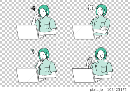 Female doctors and nurses with various facial expressions operating a PC 108425175