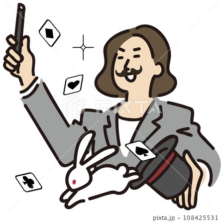 手品を披露する付け髭を付けたスーツの女性 手品を披露する付け髭を付けたスーツの女性 108425531