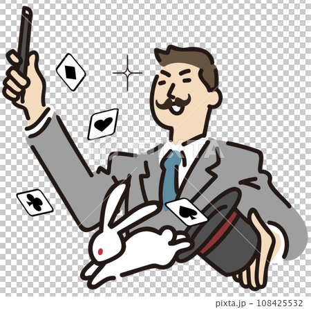 A man in a suit with a fake beard performing magic tricks 108425532