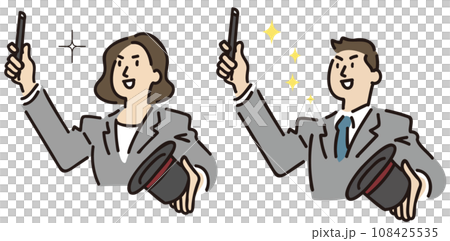 A set of upper bodies of a businessman and businesswoman showing off magic tricks 108425535