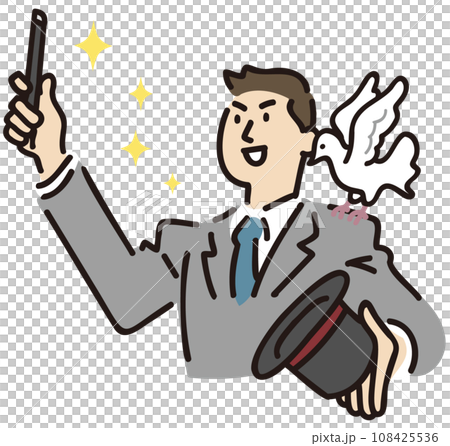 A man in a suit with a pigeon on his shoulder performing a magic trick 108425536