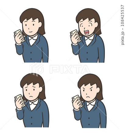 スマホを見るスーツの女性、驚く顔、怒る顔、困惑する顔 スマホを見るスーツの女性、驚く顔、怒る顔、困惑する顔 108425537