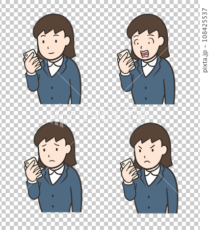 A woman in a suit looking at a smartphone, surprised face, angry face, confused face 108425537