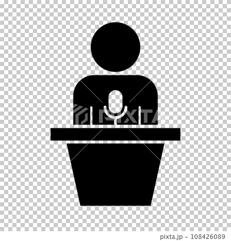 マイクが置かれた演台と政治家のシルエットアイコン マイクが置かれた演台と政治家のシルエットアイコン 108426089