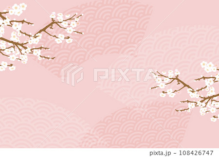 白梅と青海波の桃色背景イラスト 108426747