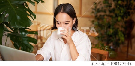 Student sitting in cafe with cup of coffee. Young asian woman working on laptop in restaurant, sitting with computer and smartphone 108427545