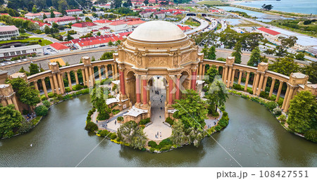 Open air rotunda Palace of Fine Arts aerial colonnade around lagoon in city Marina District Open air rotunda Palace of Fine Arts aerial colonnade around lagoon in city Marina District 108427551