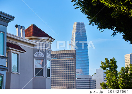Tops of buildings in San Francisco facing toward distant Salesforce Tower office building Tops of buildings in San Francisco facing toward distant Salesforce Tower office building 108427664