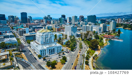 Wide view of Oakland City in California with aerial of Alameda County Superior Courthouse 108427769